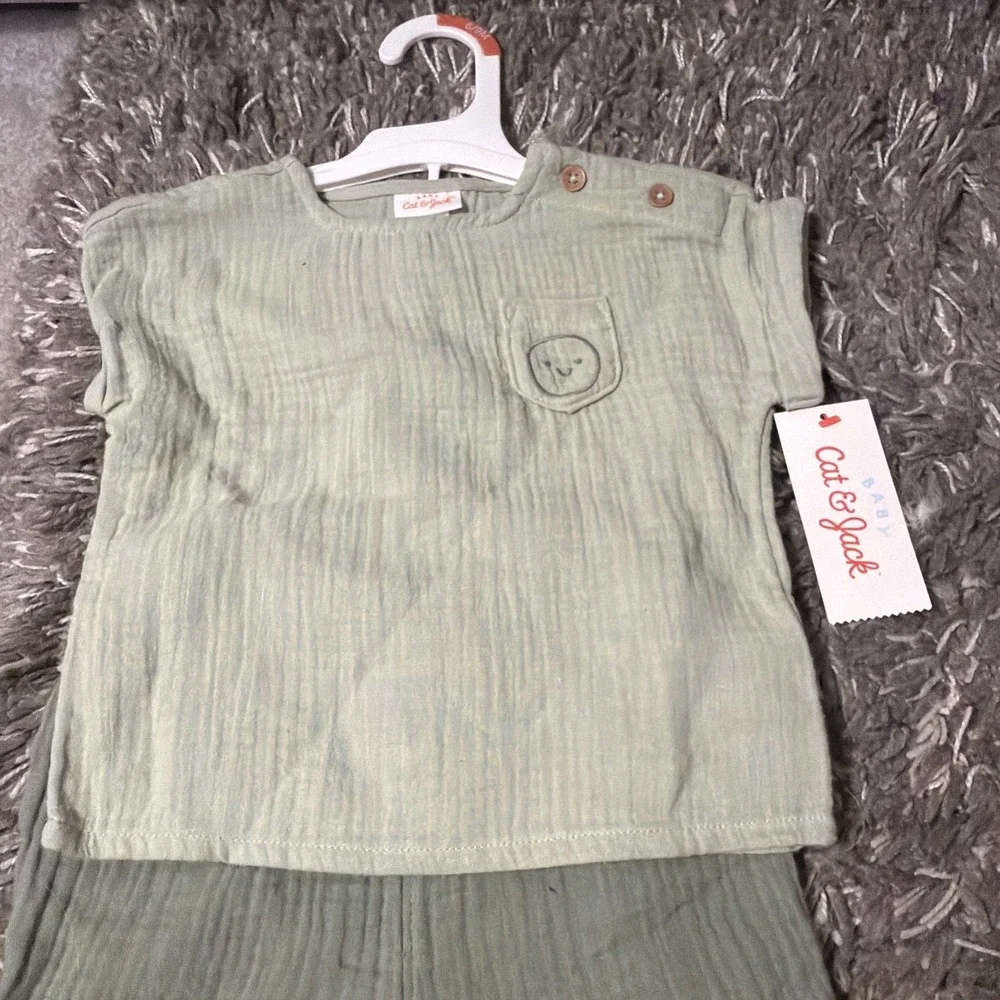 Cat & Jack Unisex 2pc Muslin Cotton Short Sleeve Top & Shorts Set Blue 6-9M Smil